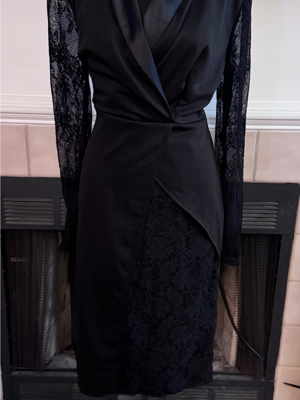 Black Midi Tuxedo Style Dress with Black Lace Long Sleeves